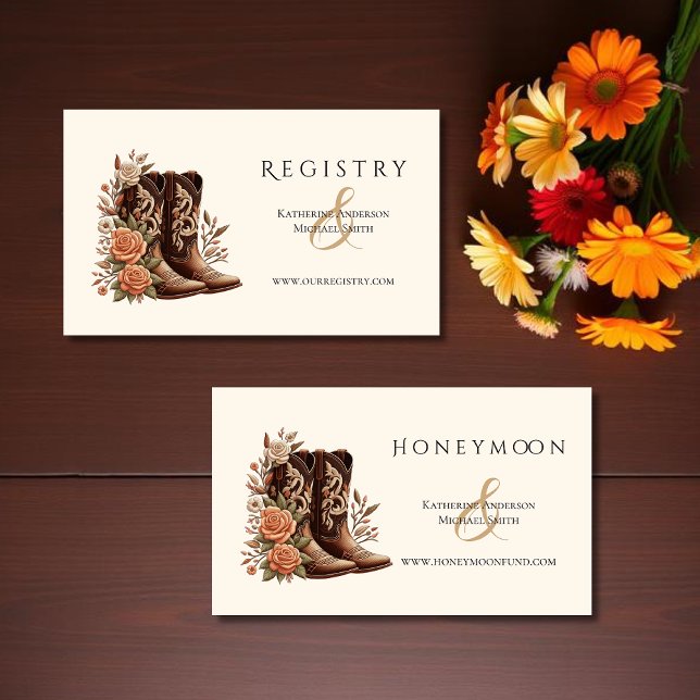 Cartão De Visita Country Western Flowers com Boots de Cowboy (Country Western Flowers with Cowboy Boots-Wedding Enclosure Cards-Registry and Honeymoon Fund)