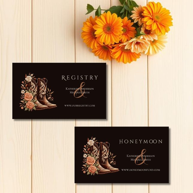 Cartão De Visita Country Western Flowers com Boots de Cowboy (Modern Elegant Country Western- Flowers with Cowboy Boots-Wedding Enclosure Cards-Registry and Honey)