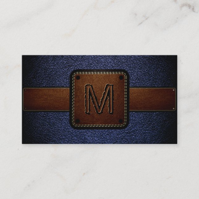 Cartão De Visita Couro Azul Escuro, Vista Monograma Castanho (Frente)