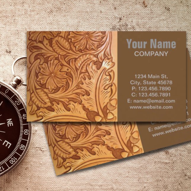 Cartão De Visita couro cabeludo do país rustico ocidental (rustic western country cowboy tooled leather business card)