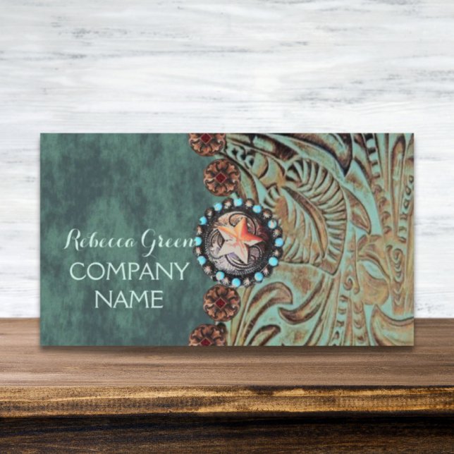 Cartão De Visita couro elegante do país ocidental com ferramentas (elegant teal western country tooled leather business card)