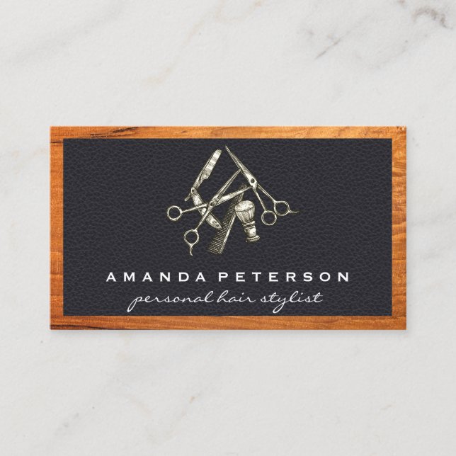 Cartão De Visita Couro Preto | Compro Barber | Moldura de madeira (Frente)