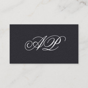 Cartão De Visita Couro Preto Faux Elegante com Monograma Luxe
