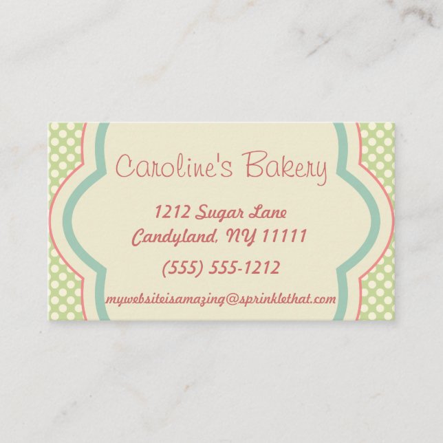 Cartão De Visita Cozimento e boutique da padaria, bolinhas verdes (Frente)
