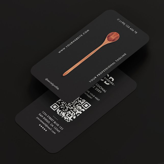 Cartão De Visita Cozinha-de-coleira-branca (Modern Caterer Chef Elegant Wooden Spoon Black Business Card
)