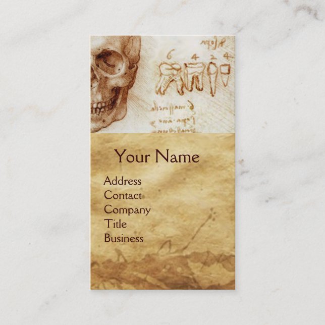 CARTÃO DE VISITA CRÂNIO,DENTES,CLÍNICA DENTAL,MACO DENTISTA E GATO (Frente)