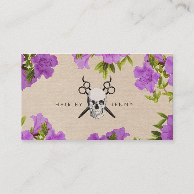 Cartão De Visita crânio floral roxo das tesouras do cabeleireiro do (Frente)
