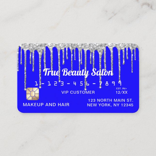 Cartão De Visita Crédito das gotas de brilho de prata azul Chic Neo (Frente)