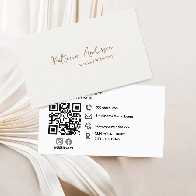 Cartão De Visita Creme de código de QR profissional mínimo (Minimal Professional QR Code Boho Cream Business Card)