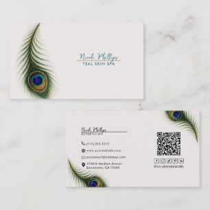 Cartão De Visita Creme de Pena de Pavão Boho Elegante