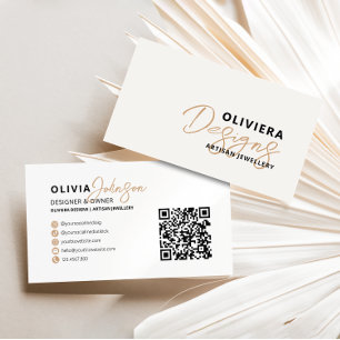 Cartão De Visita Creme elegante moderno + código QR de tipografia a