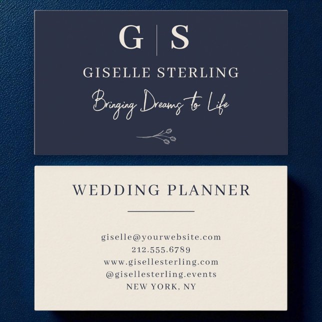 Cartão De Visita Creme Marinho Mínimo Elegante Monograma Azul (Criador carregado)