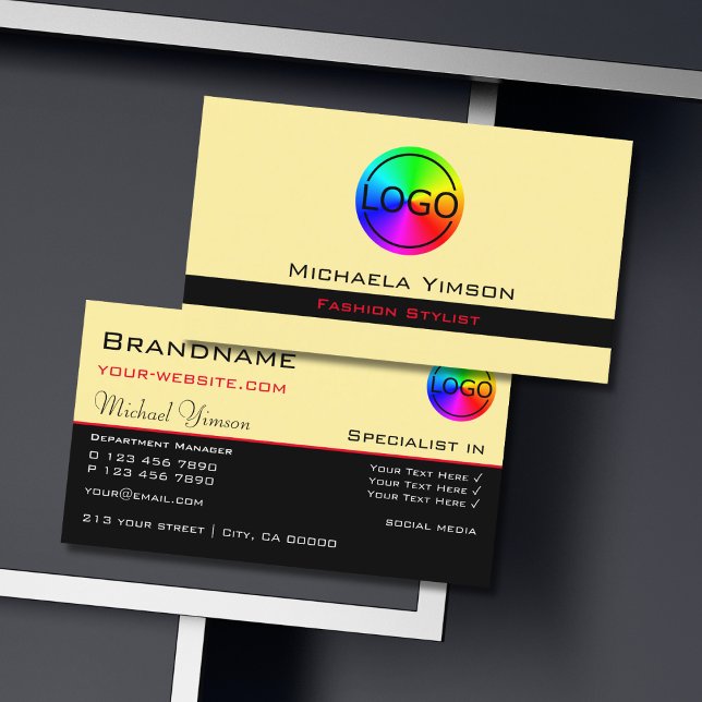 Cartão De Visita Creme moderno e chic preto com profissional de log (Criador carregado)