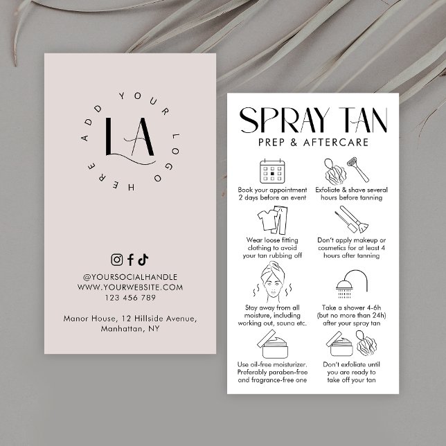 Cartão De Visita Creme Moderno e Spray Elegante Branco (Modern spray tan prep and aftercare cards in beige and white with care icons and space for your logo)