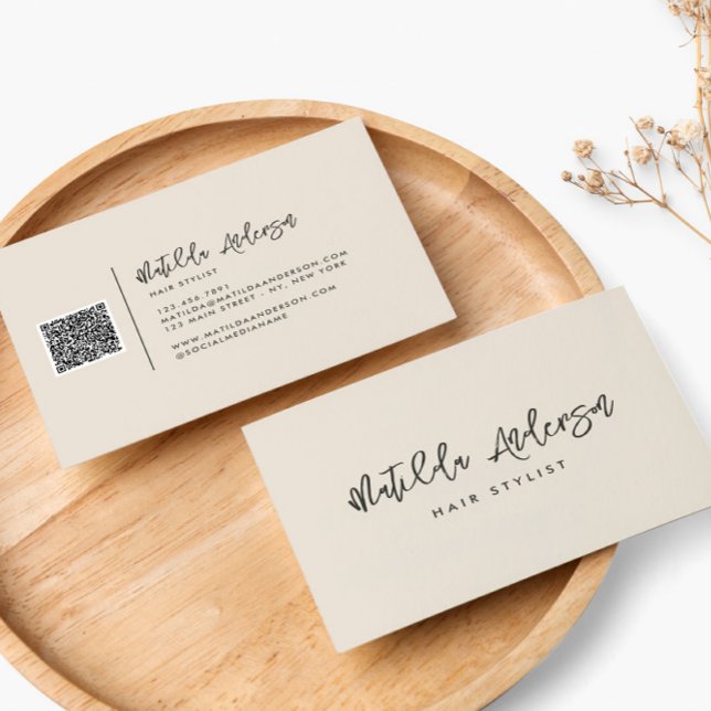 Cartão De Visita Creme o script mínimo moderno CÓDIGO QR (Criador carregado)