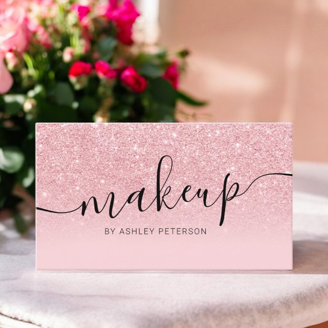 Cartão De Visita Criação de script de brilho rosa moderno brilho (Modern pink glitter sparkles script makeup business card)