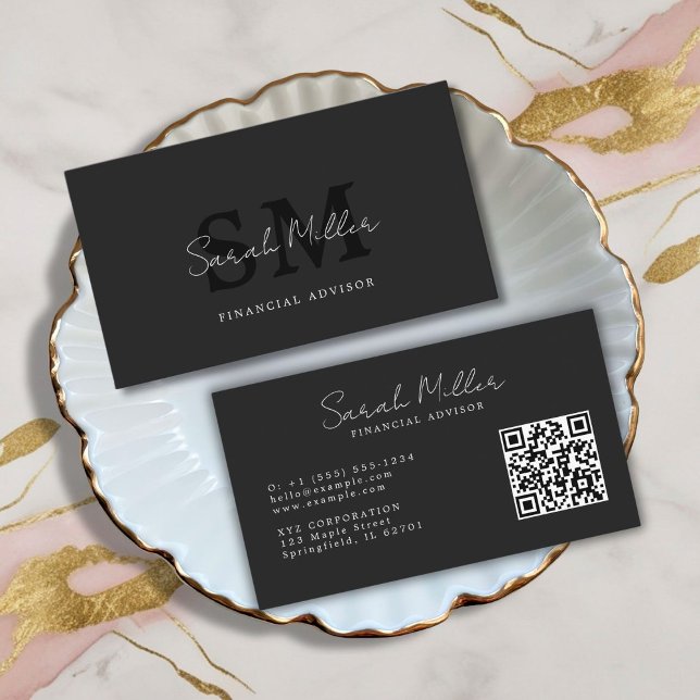 Cartão De Visita Crie seu próprio código QR preto (create your own monogram initials professional qr code business card)