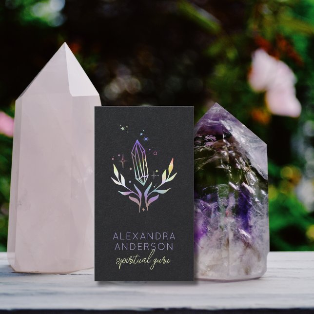 Cartão De Visita Cristais Espiritais Holográficos Holográficos Negr (Black Mystical Holographic Spiritual Crystals Business Card)