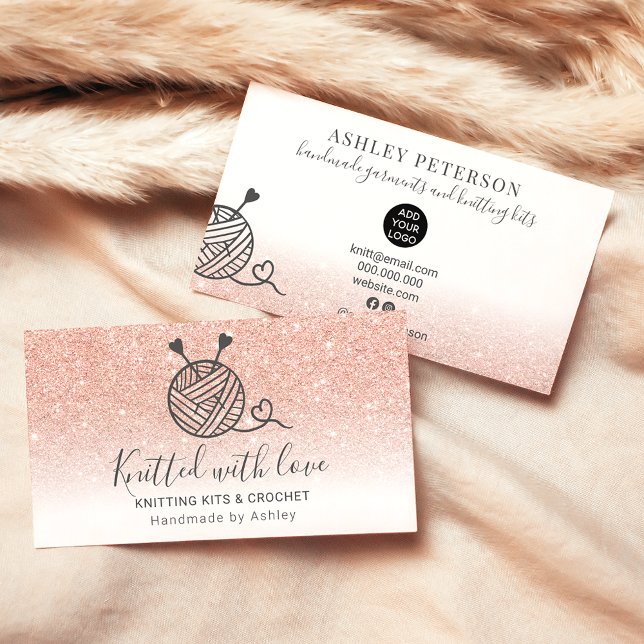 Cartão De Visita crochê de tricô branco com rosa dourado, branco, f (Criador carregado)