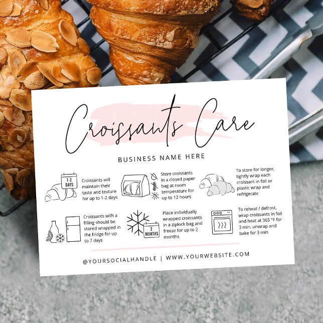 Cartão De Visita Croissants Care Guide Pink Watercolor (Modern croissants care cards with icons, trendy fonts and pink watercolor design and your logo)