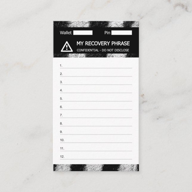 Cartão De Visita Crypto Wallet Zebra Recuperação Seed Frase 12 (Frente)