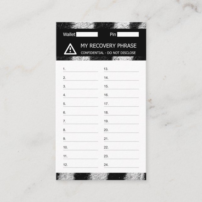 Cartão De Visita Crypto Wallet Zebra Recuperação Seed Frase 24 (Frente)