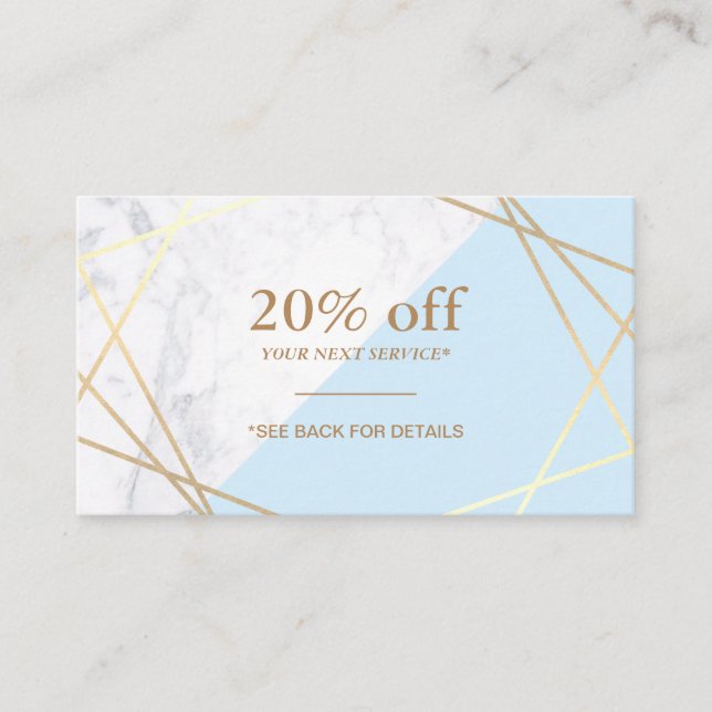Cartão De Visita Cupão Azul Marble Pastel, Dourado Geométrico Moder (Frente)