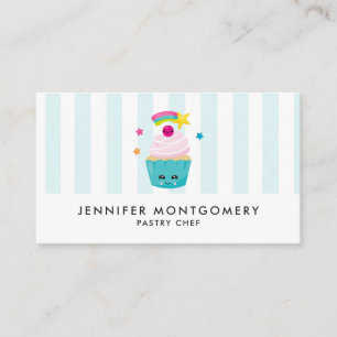 Cartão De Visita Cupcake Azul Bonito com Rosto Kawaii