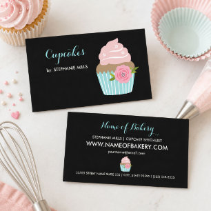 Cartão De Visita Cupcake Azul De Folha Menina Com Flor Rosa