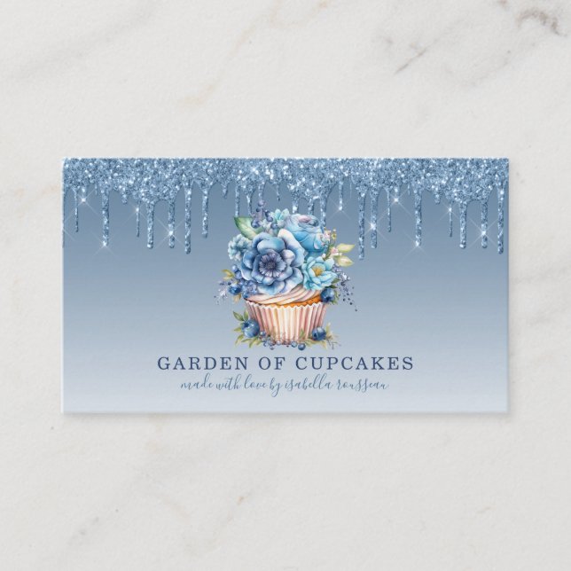 Cartão De Visita Cupcake Baker Floral Cupcake Blue Glitter Drives (Frente)