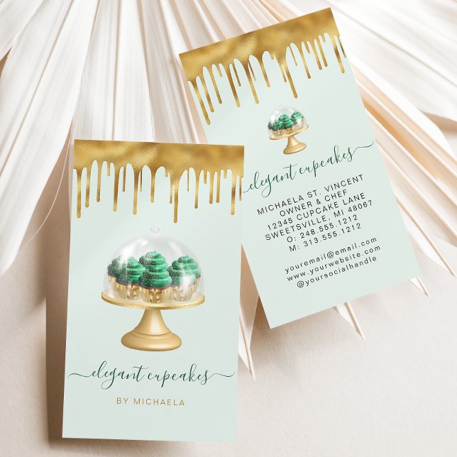 Cartão De Visita Cupcake Bakery Emerald Green Faux Gold Foil Drill (Criador carregado)
