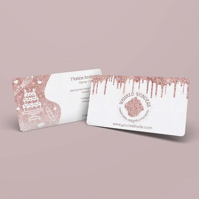 Cartão De Visita Cupcake Bakery Pastelaria Chef Glitter Drives Rosa (Pastry Cake Bakery Glitter Rose Gold Pink Drips Business Card)