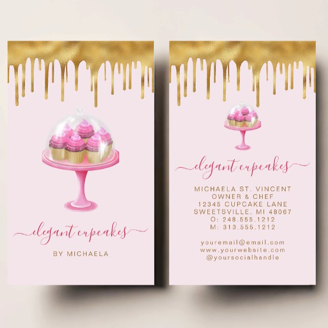 Cartão De Visita Cupcake Bakery Pink Faux Gold Foil Drip (Criador carregado)