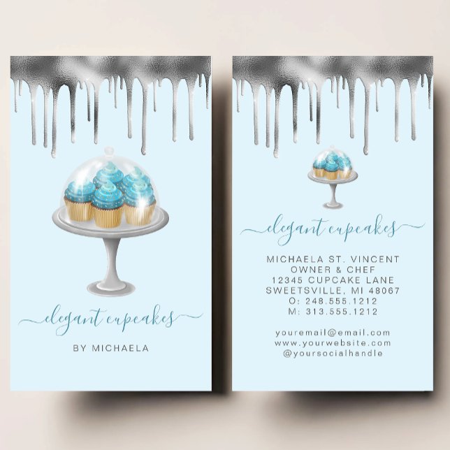 Cartão De Visita Cupcake Bakery Teal Faux Silver Foil Drip (Criador carregado)