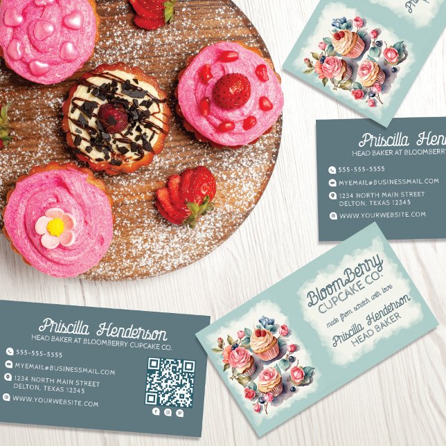 Cartão De Visita Cupcake de Aquarela Elegante Floral (Criador carregado)