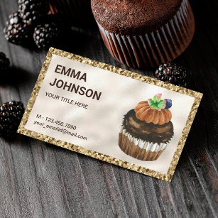 Cartão De Visita Cupcake de Chocolate Dourado Pastelaria