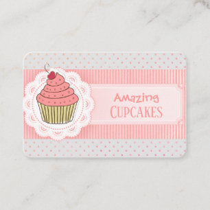 Cartão De Visita Cupcake de faixas de Bolinhas rosa