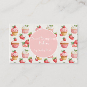 Cartão De Visita Cupcake de Morango Rosa Aquarela Negócio de Padari
