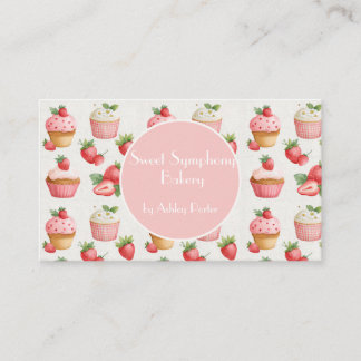 Cartão De Visita Cupcake de Morango Rosa Aquarela Negócio de Padari