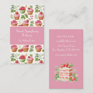 Cartão De Visita Cupcake de Morango Rosa Aquarela Negócio de Padari
