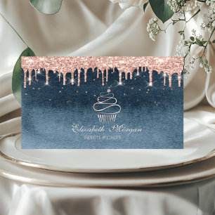 Cartão De Visita Cupcake Doce Rosa Dourado Com Gotas Diamantes Azul