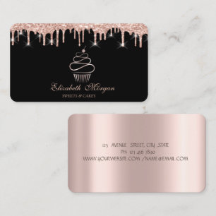 Cartão De Visita Cupcake Doce Rosa Dourado Com Gotejamento Preto
