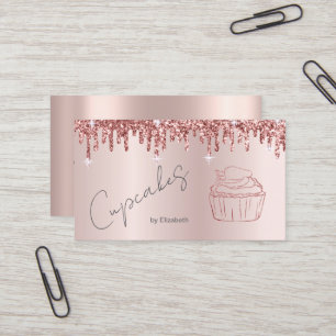 Cartão De Visita Cupcake Elegante com Brilho e Drips em Rosa Dourad
