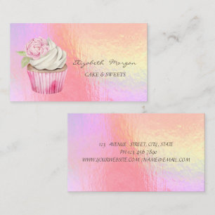 Cartão De Visita Cupcake Floral Holográfico Aquarela Moderna
