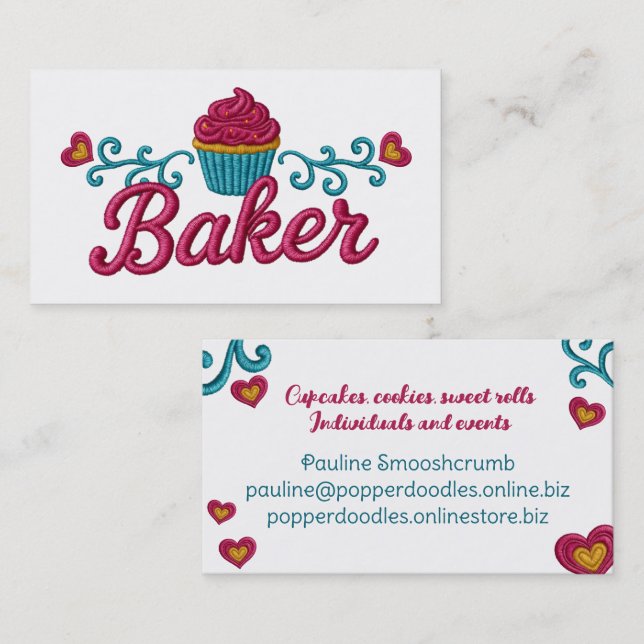Cartão De Visita Cupcake heart bakery baking faux embroidery (Frente/Verso)
