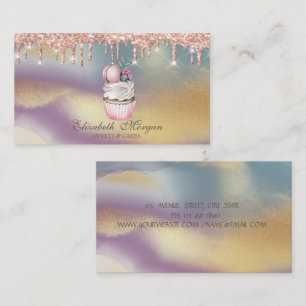 Cartão De Visita Cupcake Macaroon Rose Gold Drips, Padaria Colorida