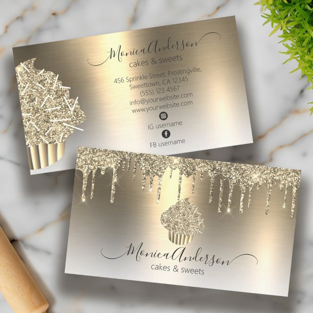 Cartão De Visita Cupcake Padaria Pastelaria Chef Glitter Drives de  (Cupcake Bakery Pastry Chef Glitter Drips Champagne Business Card)