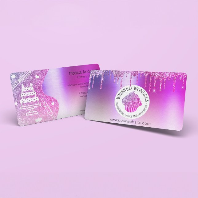 Cartão De Visita Cupcake Padaria Pastelaria Glitter Glitter Glitter (Pastry Cake Bakery Glitter Pink Purple Drips Business Card)