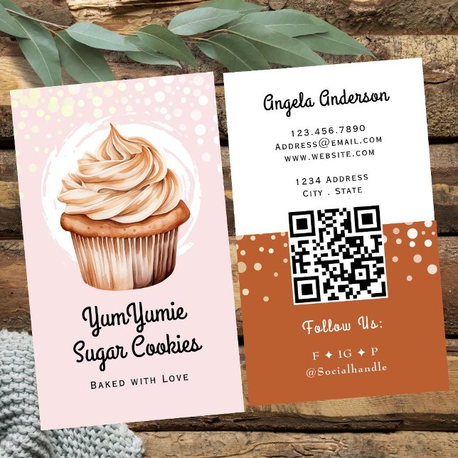 Cartão De Visita Cupcake Trendy QR Code and Website (Criador carregado)