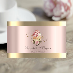 Cartão De Visita Cupcakes Florais Faixa Dourada Padaria Dourado Ros